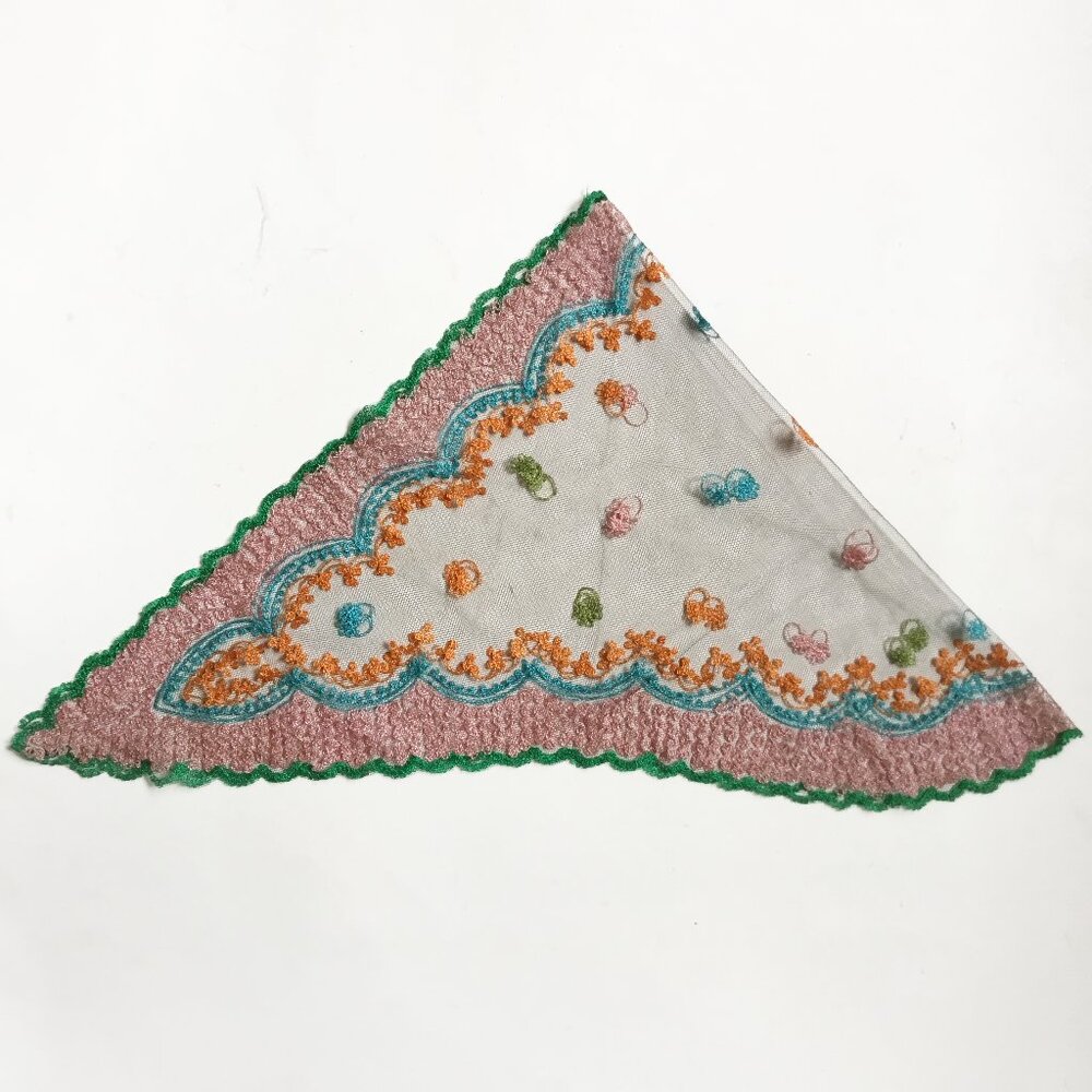 Vintage Embroidered Pink Green Orange Blue Tulle Sheer Scalloped Scarf Wrap